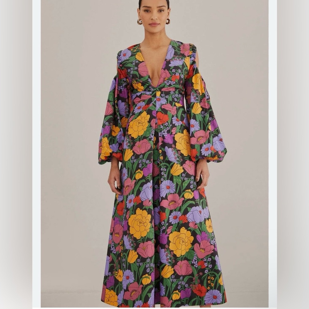 FARM RIO Bucolic Garden‎ Sleeve Cut Out Dress Floral Maxi Size XS - Picture 2 of 16
